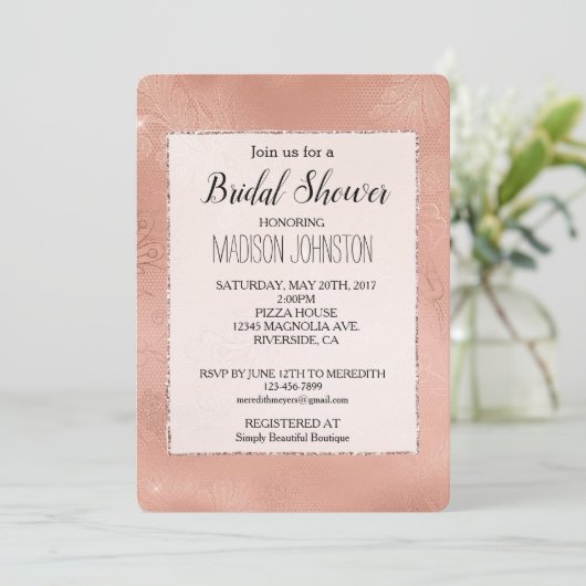 Roze Rose Glam Kant Bruiloft Kaart (Staand voorkant)