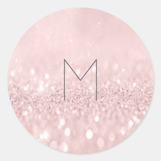 Roze Rose Glitter Gray Round Monogram Ronde Sticker (Voorkant)