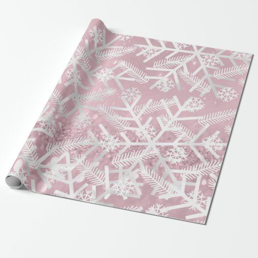 Roze Rose Glitter kerstFeestdagen Snowflake Joy Cadeaupapier (Uitgerold)