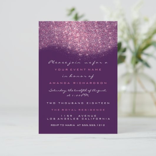 Roze Rose Glitter Paars Violet Formele uitnodiging (Staand voorkant)