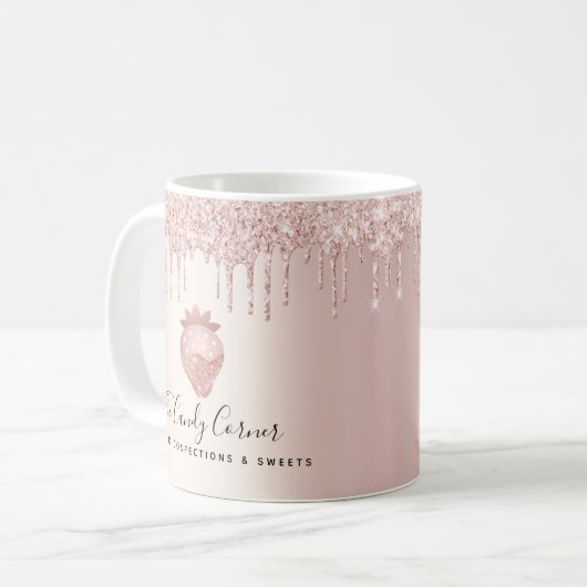 Roze Rose Gold Aardbei Confectie Glitter Druppels Koffiemok (Voorkant links)