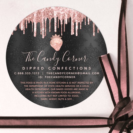 Roze Rose Gold aardbei Glitter Drip Black Juridisc Ronde Sticker