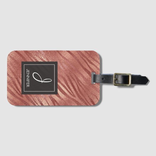 Roze Rose Gold Animal Pattern Elegant Monogram Bagagelabel (Voorkant (horizontaal))