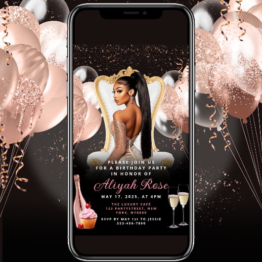 Roze Rose Gold Ballonnen Royal Birthday Uitnodigin Kaart