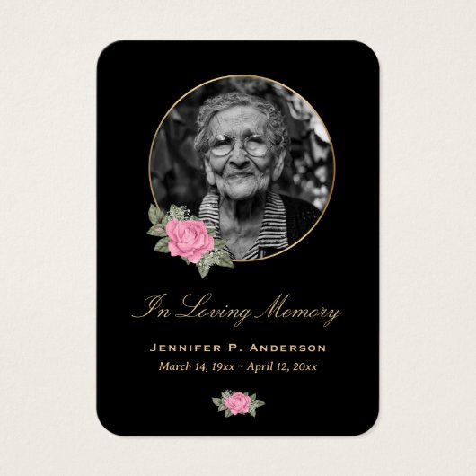 Roze Rose Gold Black Floral Memorial Cards Visitekaartje (Voorkant)