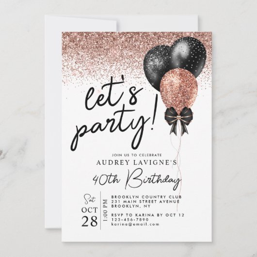 Roze Rose Gold Black Glitter Ballon Birthday Kaart (Voorkant)