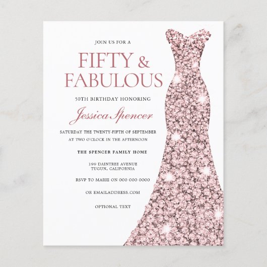 Roze Rose Gold Blush Dress 50th Birthday Invite (Voorkant)