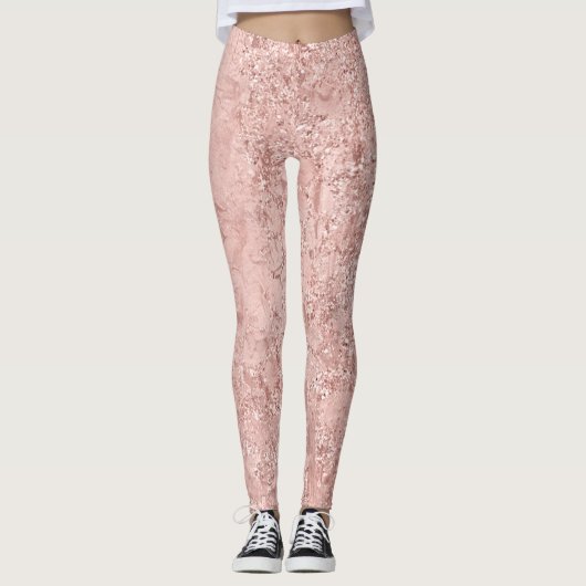 Roze Rose Gold Blush Glitter Shiny Glass Metallic Leggings (Voorkant)