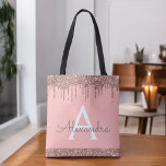 Roze Rose Gold Blush Roze Roze Glitter Elegant Mon Tote Bag<br><div class="desc">Pink Rose Gold en Blush Pink Faux Sparkle en Dripping Glitter Elegant Monogram Boekentas. Deze boekentas kan worden aangepast om uw initiaal en voornaam op te nemen en als cadeau te geven voor kerst,  lieve 16-verjaardag,  Vrijgezellenfeest of een bruiloft.</div>