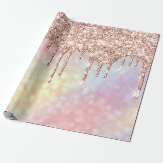 Roze Rose Gold Blush Unicorn Holograaf Drip Glitte Cadeaupapier (Uitgerold)