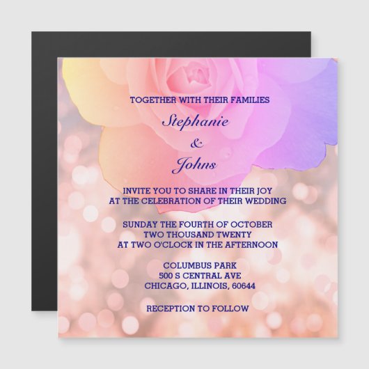 Roze Rose Gold Bokeh Navy Blauwe Bloemen Glitter Magnetische Uitnodiging (Voorkant / Achterkant)