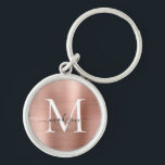 Roze Rose Gold Borhed Metal Monogram Girly Script Sleutelhanger<br><div class="desc">Roze roze roodbruin metalen monogram Sleutelhanger van het meisjesmodel</div>