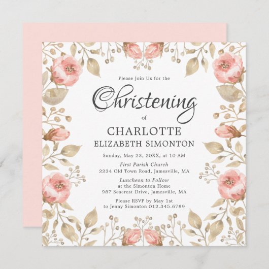 Roze Rose Gold Botanical Christening Kaart (Voorkant / Achterkant)