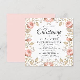Roze Rose Gold Botanical Christening Kaart