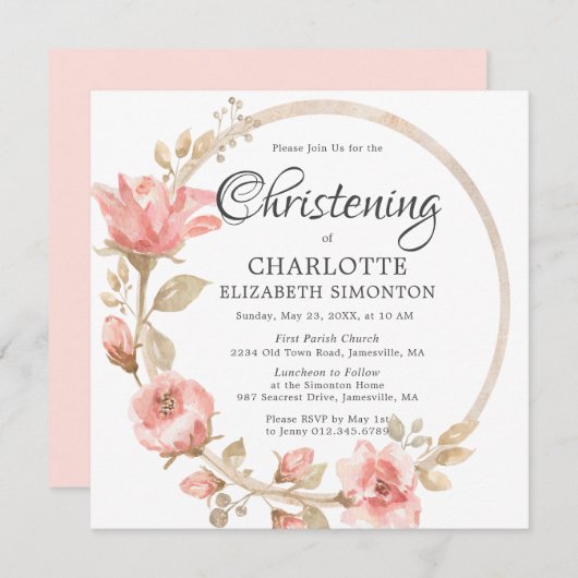 Roze Rose Gold Botanical Square Christening Kaart (Voorkant / Achterkant)