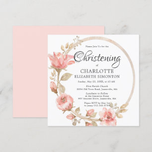 Roze Rose Gold Botanical Square Christening Kaart