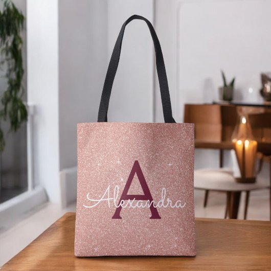 Roze Rose Gold Bourgondische Sparkle Elegant Monog Tote Bag