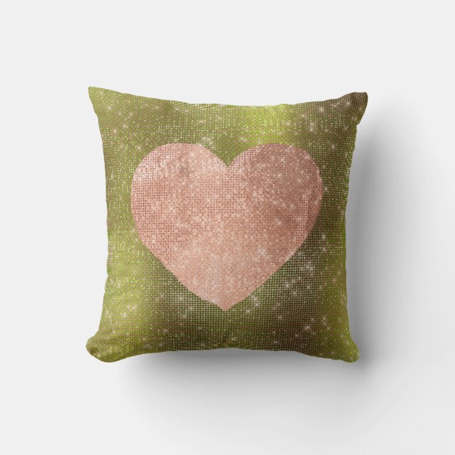 Roze Rose Gold Brush Heart Sequin Sparkly Green Kussen (Voorkant)