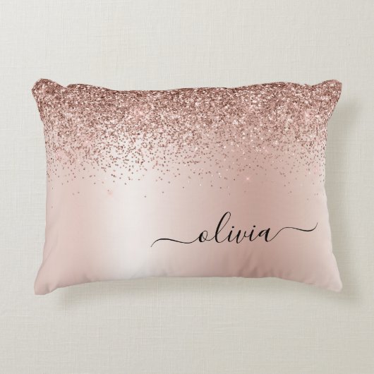 Roze Rose Gold Brushed Metal Monogram Name Accent Kussen (Voorkant)