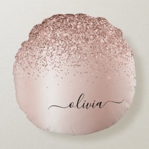 Roze Rose Gold Brushed Metal Monogram Name Rond Kussen