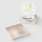 Roze Rose Gold Brushed Metal Monogram Name Stenen Onderzetter (Zijkant)