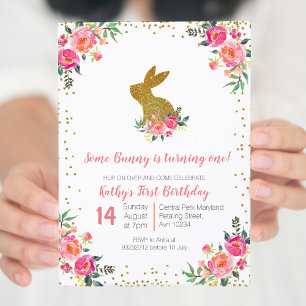 Roze Rose Gold Bunny Verjaardag Bloemen Uitnodigin Kaart