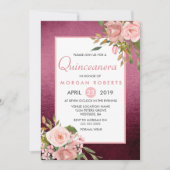 Roze Rose Gold Burgundy Floral Quinceanera Invite Kaart (Voorkant)