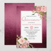 Roze Rose Gold Burgundy Floral Quinceanera Invite Kaart (Voorkant / Achterkant)