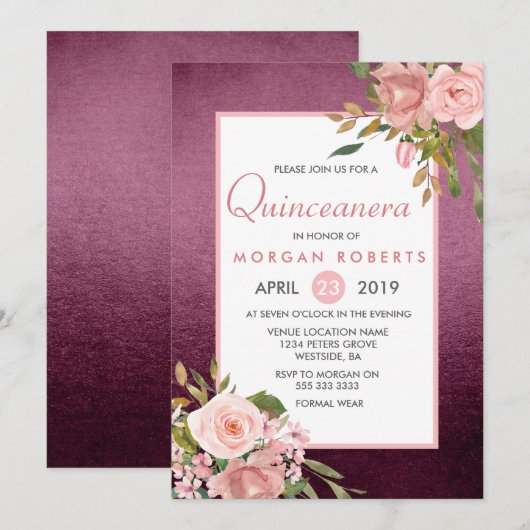 Roze Rose Gold Burgundy Floral Quinceanera Invite Kaart (Voorkant / Achterkant)