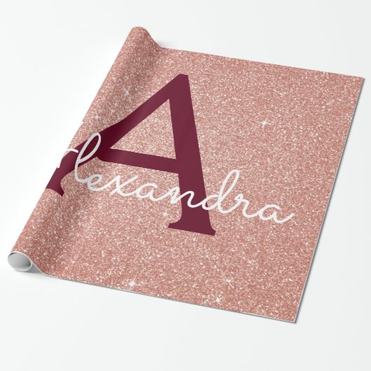 Roze Rose Gold Burgundy Glitter Sparkle Monogram Cadeaupapier (Uitgerold)