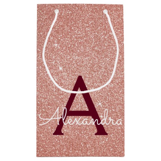 Roze Rose Gold Burgundy Glitter Sparkle Monogram Klein Cadeauzakje (Achterkant)