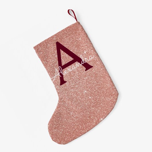 Roze Rose Gold Burgundy Glitter Sparkle Monogram Kleine Kerstsok (Achterkant (Hangend))