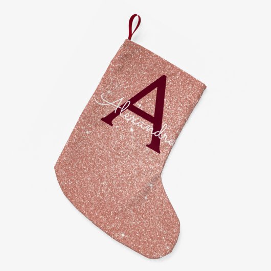 Roze Rose Gold Burgundy Glitter Sparkle Monogram Kleine Kerstsok (Voorkant (Hangend))