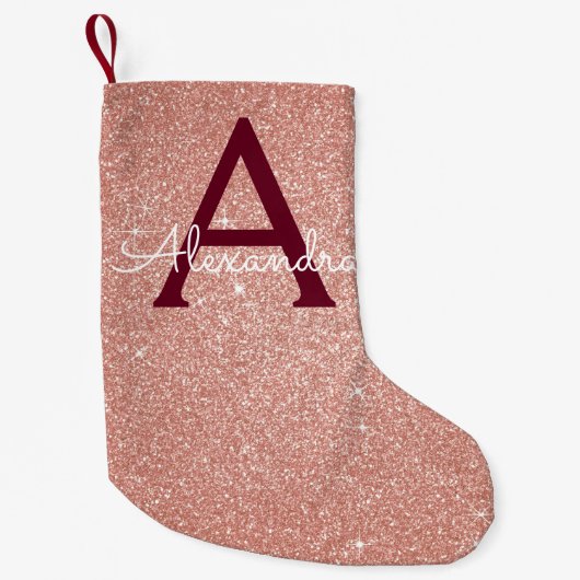Roze Rose Gold Burgundy Glitter Sparkle Monogram Kleine Kerstsok (Voorkant)