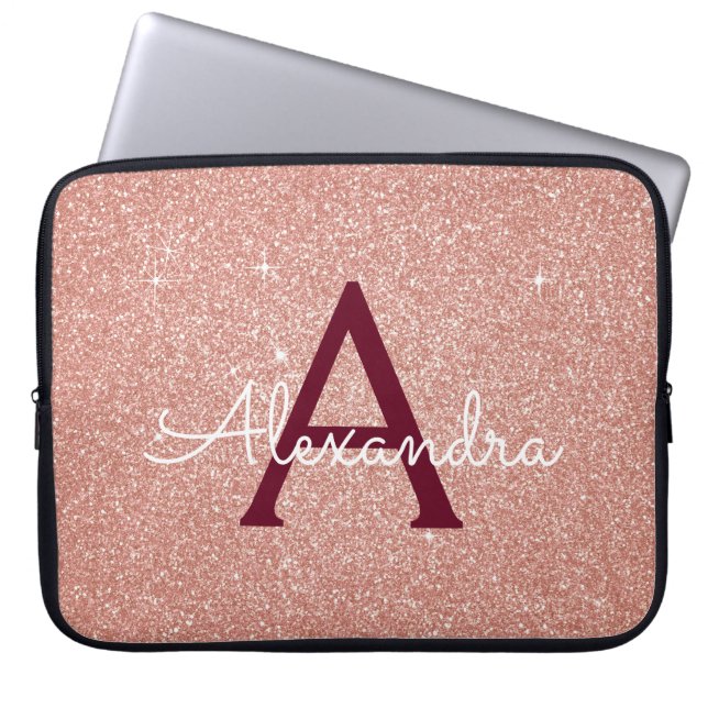 Roze Rose Gold Burgundy Glitter Sparkle Monogram Laptop Sleeve (Voorkant)