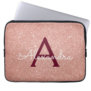 Roze Rose Gold Burgundy Glitter Sparkle Monogram Laptop Sleeve