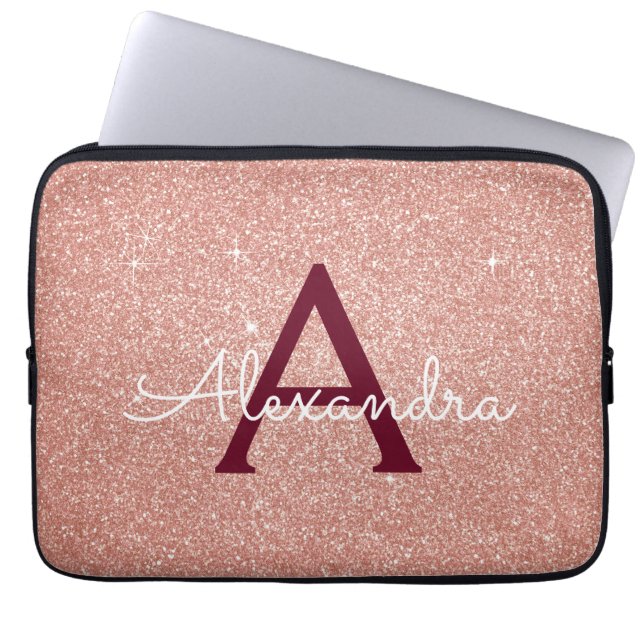 Roze Rose Gold Burgundy Glitter Sparkle Monogram Laptop Sleeve (Voorkant)