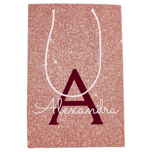Roze Rose Gold Burgundy Glitter Sparkle Monogram Medium Cadeauzakje (Voorkant)