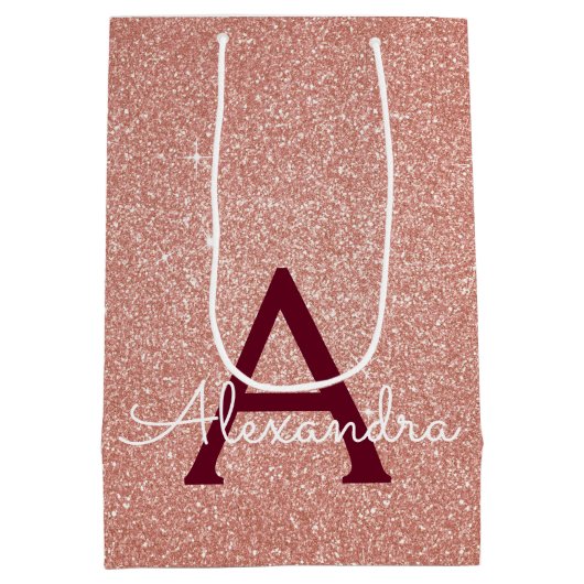 Roze Rose Gold Burgundy Glitter Sparkle Monogram Medium Cadeauzakje (Achterkant)