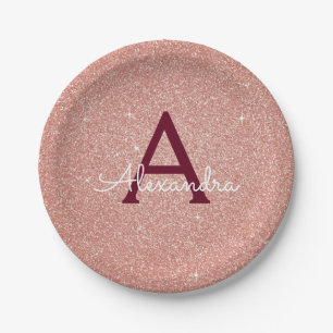 Roze Rose Gold Burgundy Glitter Sparkle Monogram Papieren Bordje