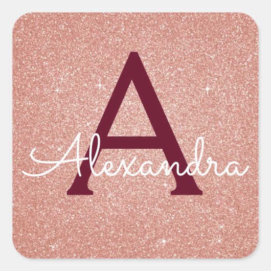 Roze Rose Gold Burgundy Glitter Sparkle Monogram Vierkante Sticker (Voorkant)