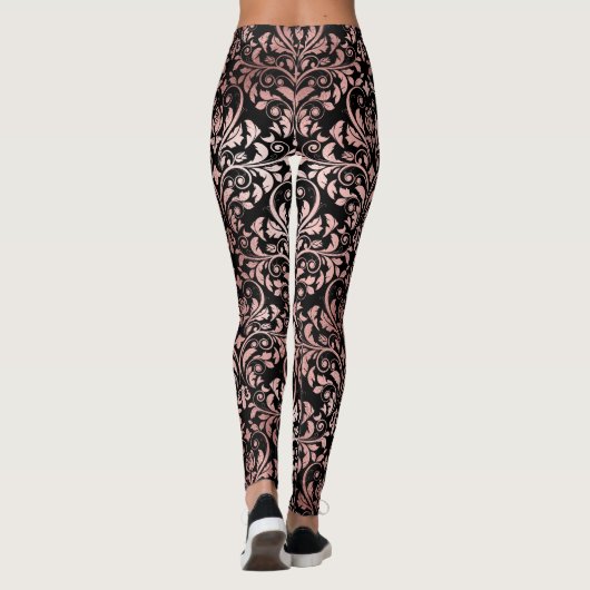 Roze Rose Gold Damask Black Leggings (Achterkant)