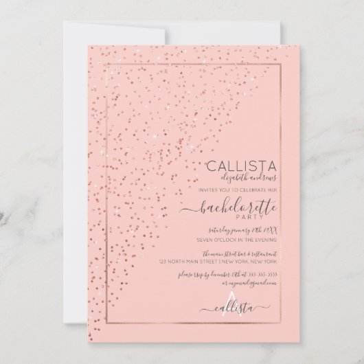 Roze Rose Gold Diagonaal Confetti Bachelorette Kaart (Voorkant)