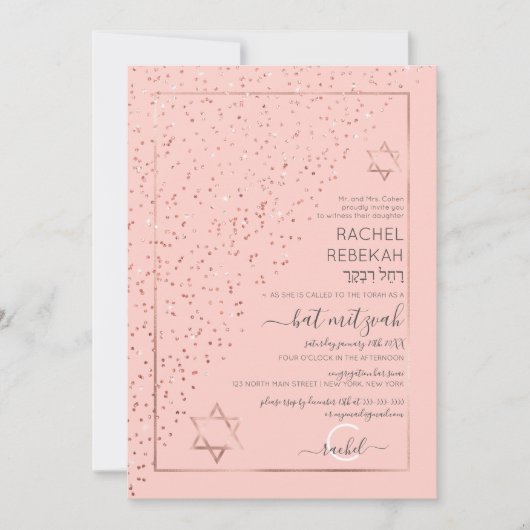 Roze Rose Gold Diagonaal Confetti Bat Mitzvah Kaart (Voorkant)
