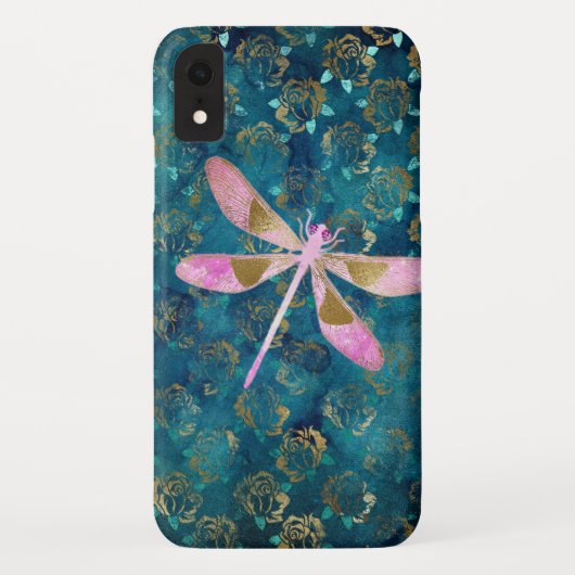 Roze Rose Gold Dragonfly op Turquoise Blue Folie Case-Mate iPhone Case (Achterkant)