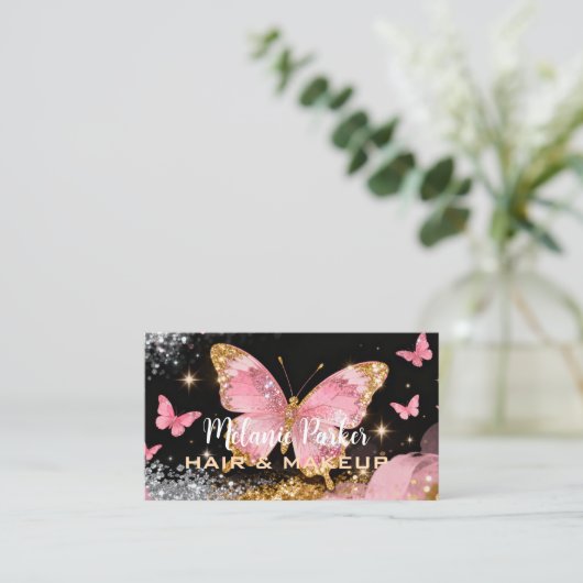 Roze Rose Gold Elegante Glitter Butterfly Visitekaartje (Staand voorkant)