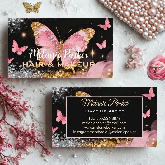 Roze Rose Gold Elegante Glitter Butterfly Visitekaartje