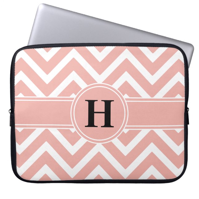 Roze Rose Gold Faux Folie White Chevron Monogram Laptop Sleeve (Voorkant)