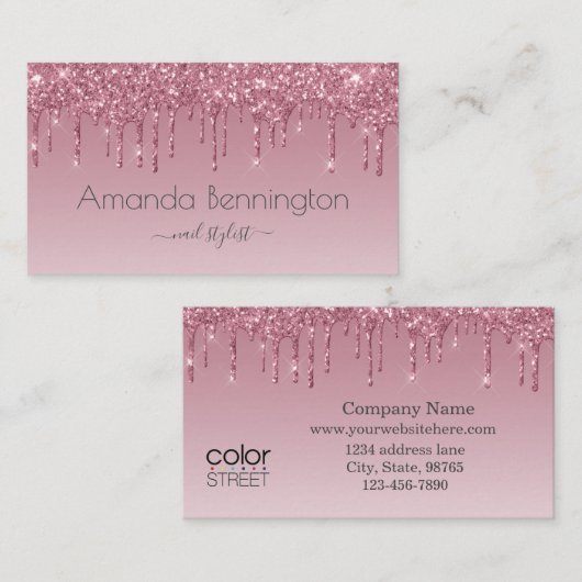 Roze Rose Gold Faux Glitter met Doorzichtige Logo Visitekaartje (Voorkant / Achterkant)