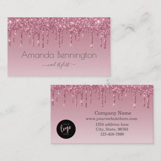 Roze Rose Gold Faux Glitter met Logo Visitekaartje (Voorkant / Achterkant)